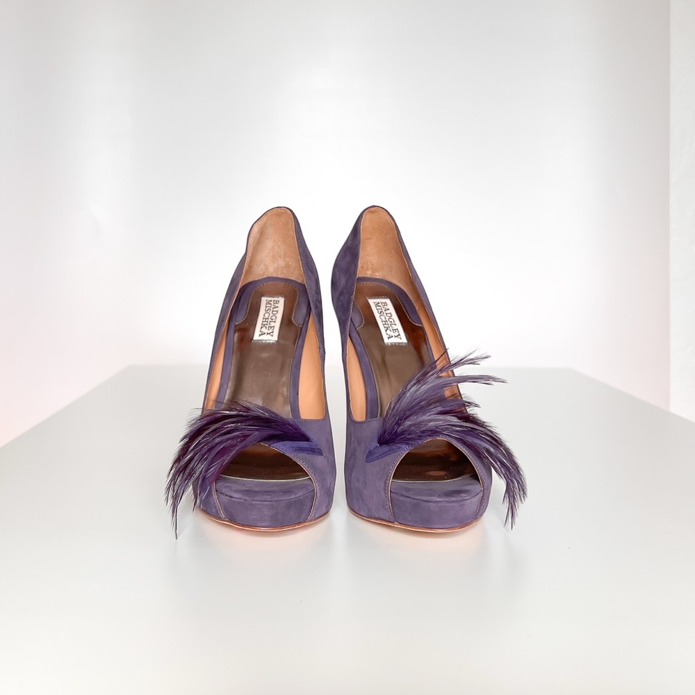 Badgley Mischka “Ginnie” Suede Plum Purple Feathered Women's Peep Toe Heels